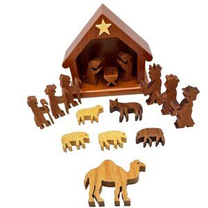 Amish Nativity Manger Scene Christmas Wooden Handmade Set of 16 Pieces